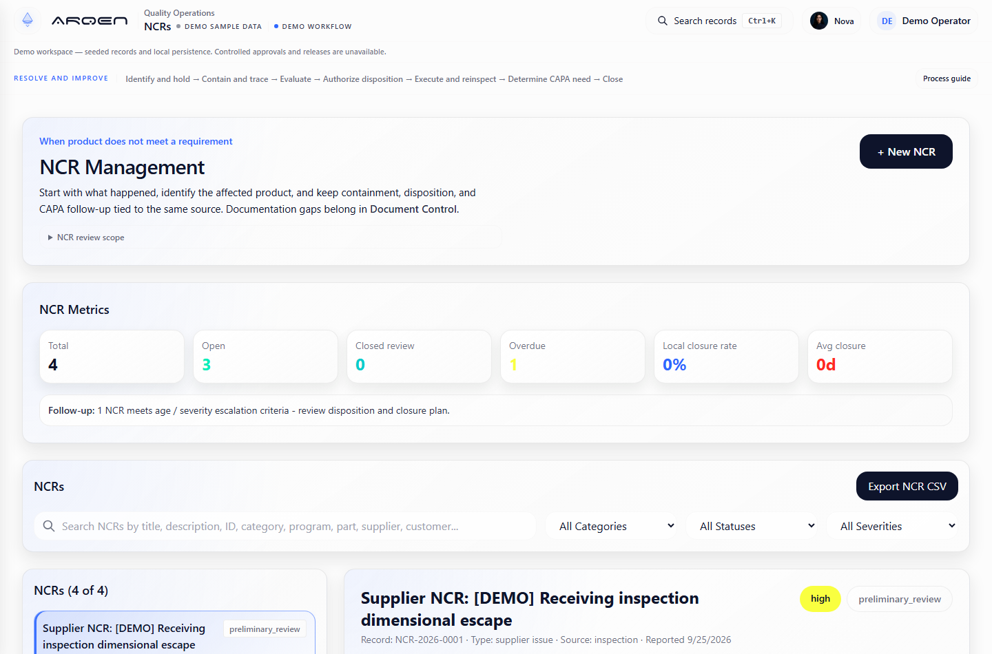 ARQEN NCR workspace showing containment and source-linked quality context